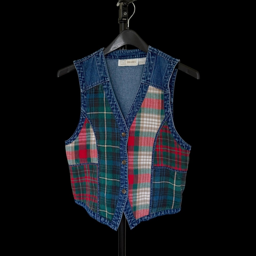 90's Womens Denim Patchwork Plaid Vest Medium Wash Cotton Button‎ Front M